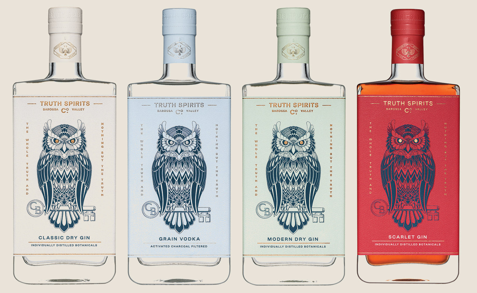 Four bottles of Truth Spirits lined up, featuring Classic Dry Gin, Modern Dry Gin, Scarlet Dry Gin, and Grain Vodka, each with unique owl illustrations on their labels, photographed against a white background.