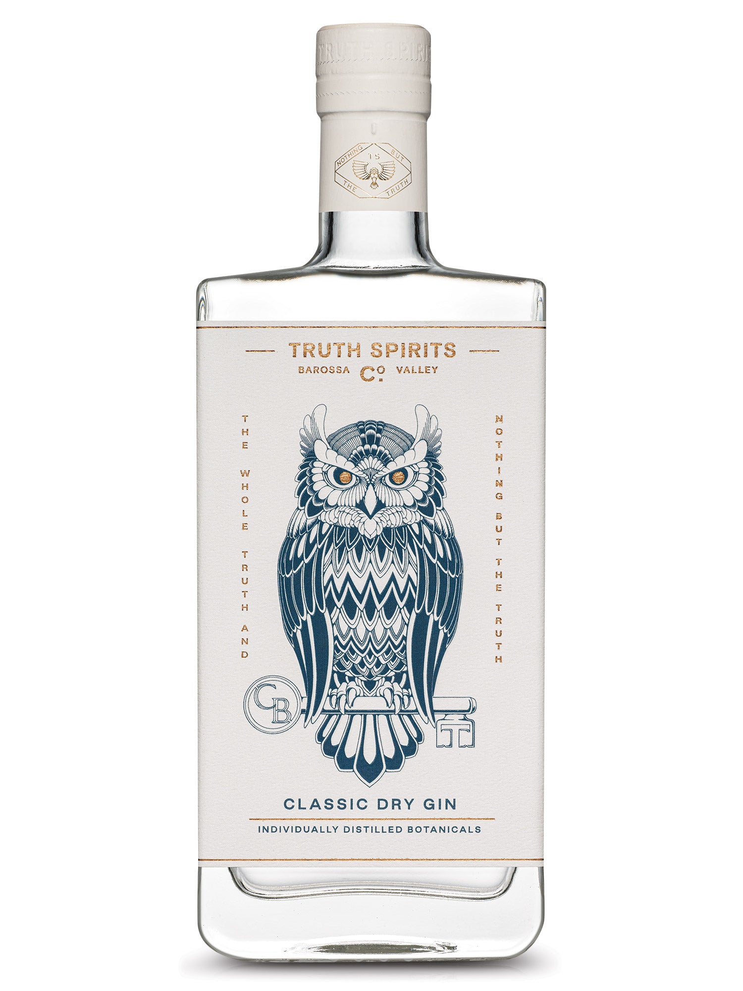 Bottle of Truth Spirits Classic Dry Gin with a blue owl illustration on the label