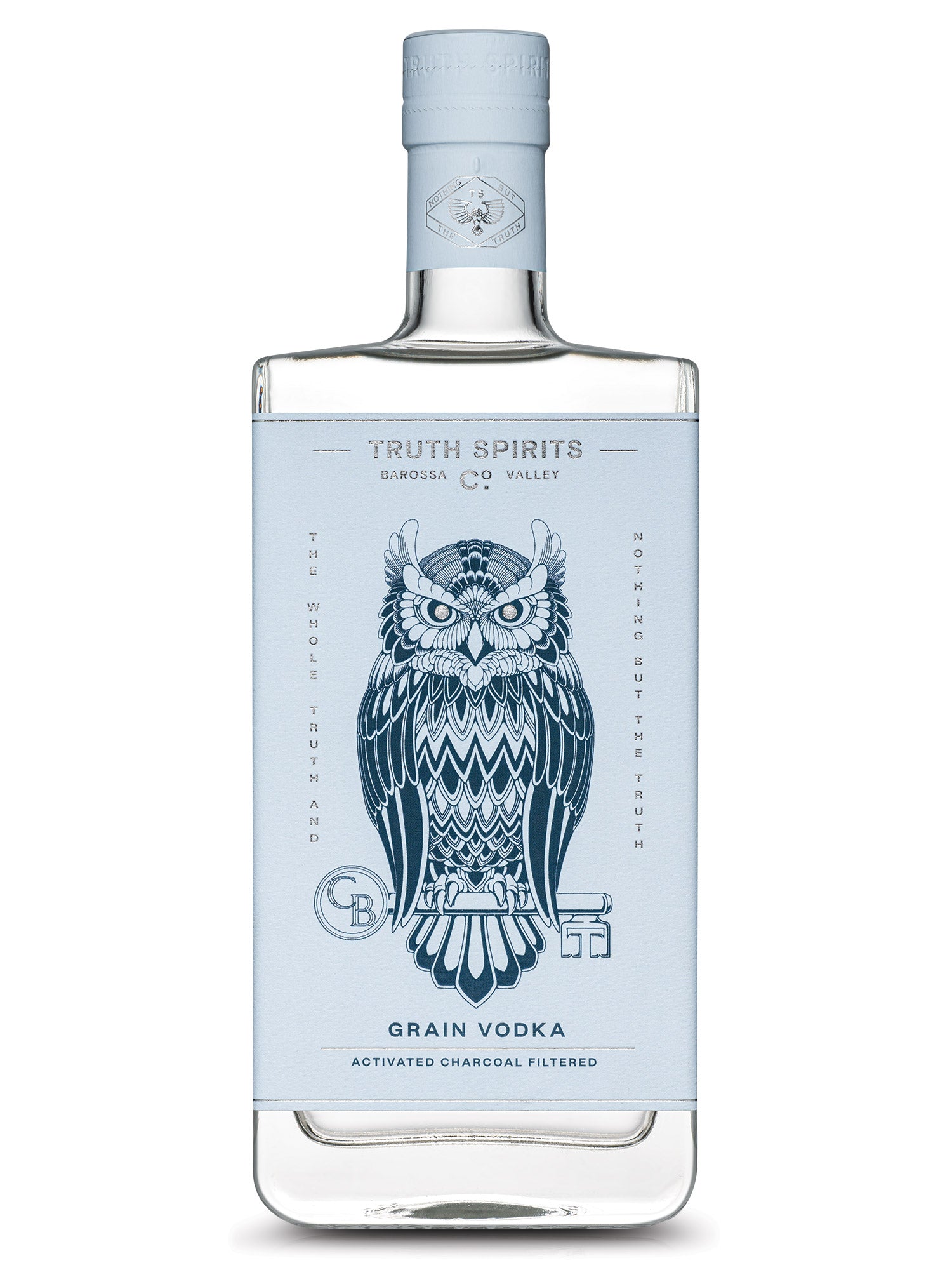 Truth Spirits Grain Vodka bottle with a detailed blue owl illustration on the label, photographed against a clean white background