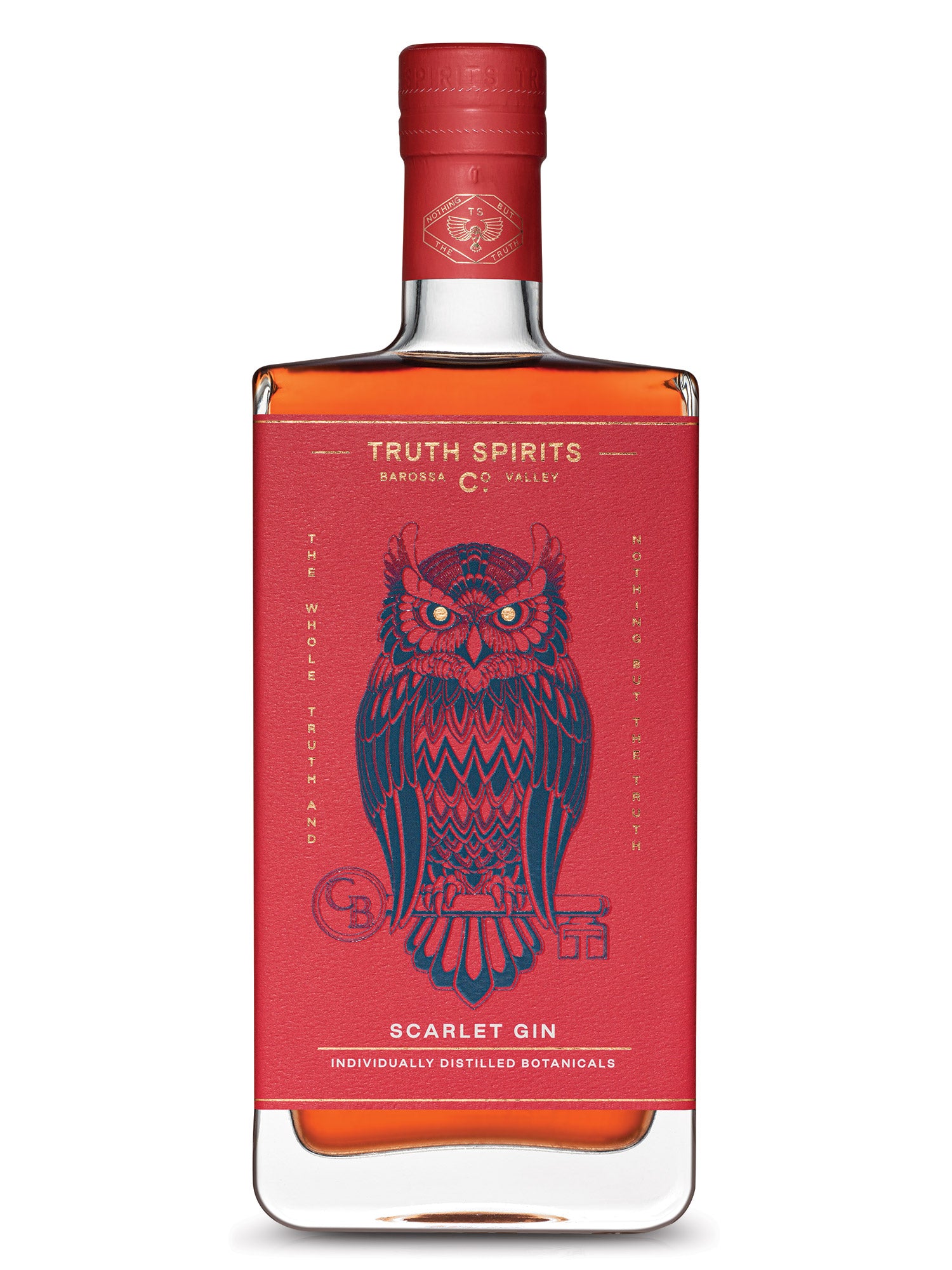 Truth Spirits Scarlet Dry Gin bottle with a detailed red owl illustration on the label, photographed against a clean white background