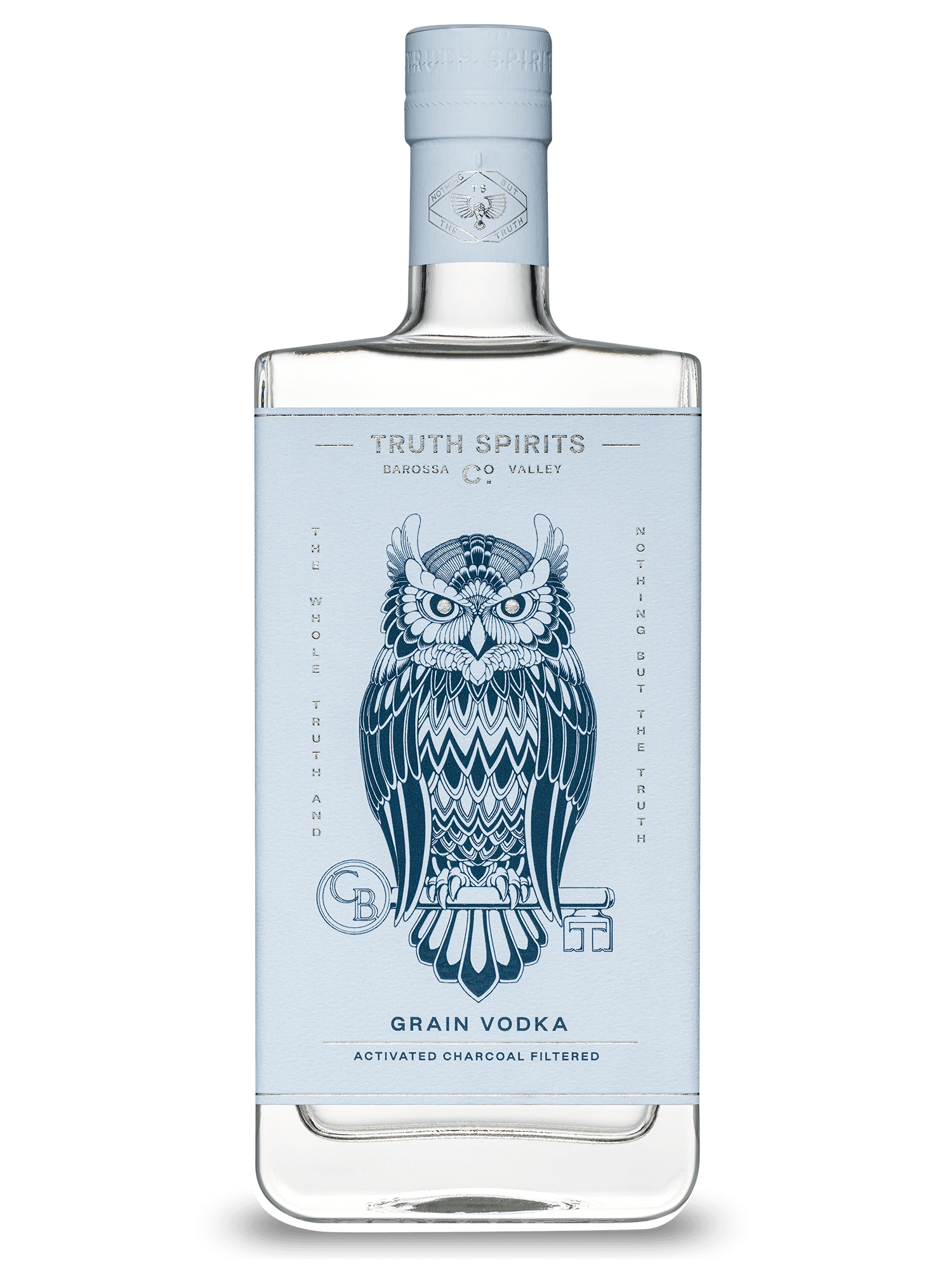 Bottle of Truth Spirits Grain Vodka with a blue owl illustration on the label