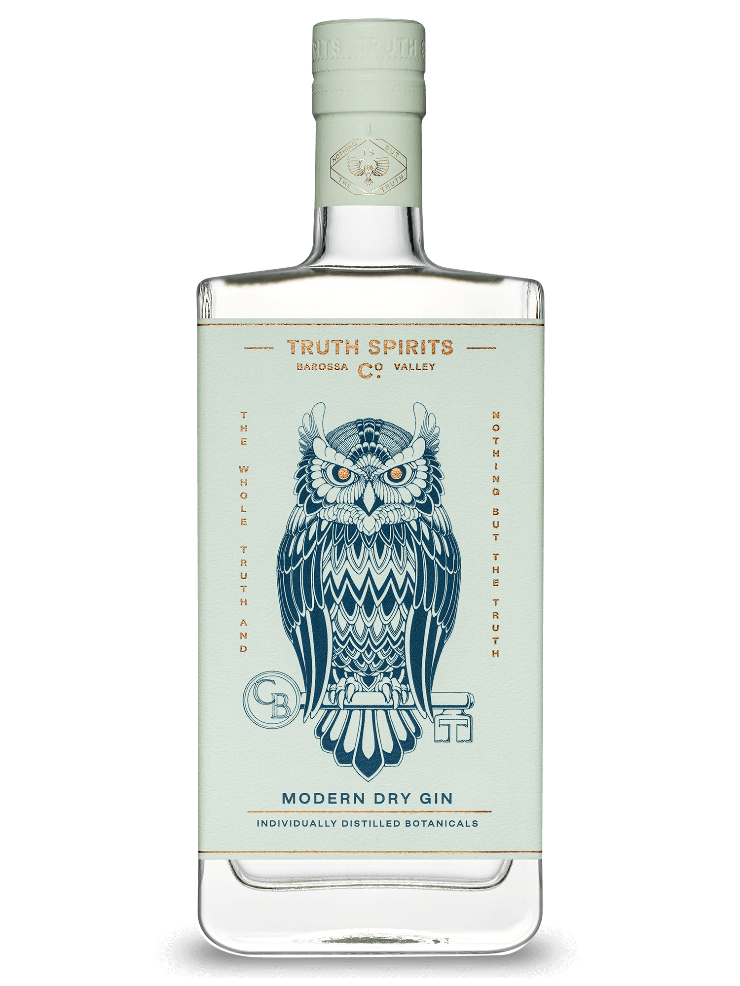 Bottle of Truth Spirits Modern Dry Gin with a blue owl illustration on the label