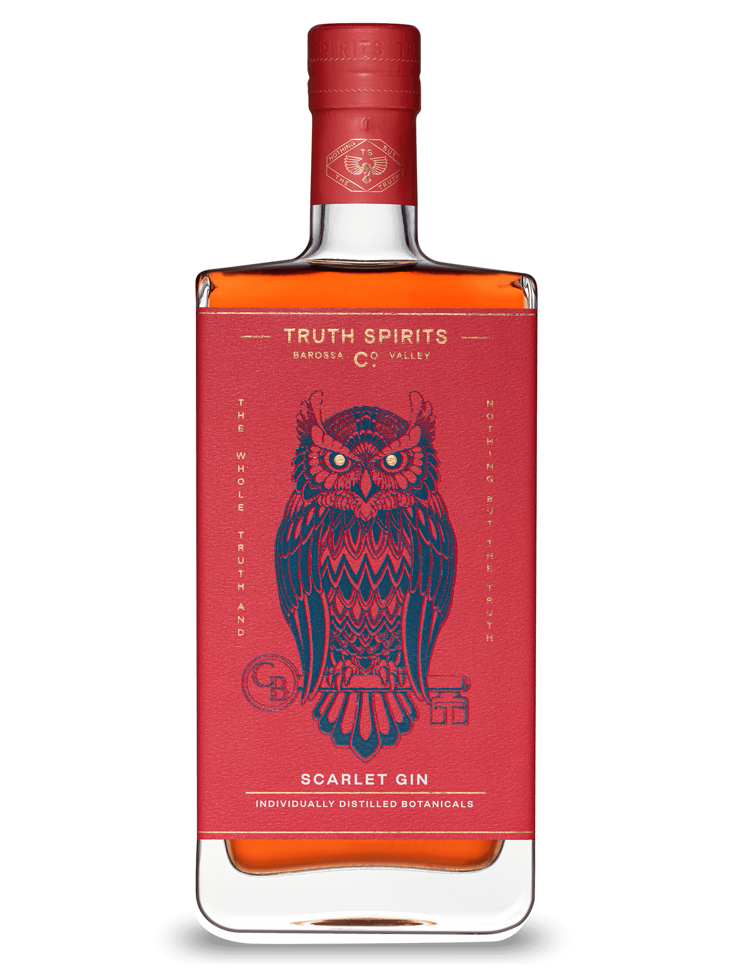 Bottle of Truth Spirits Scarlet Dry Gin with a red owl illustration on the label.